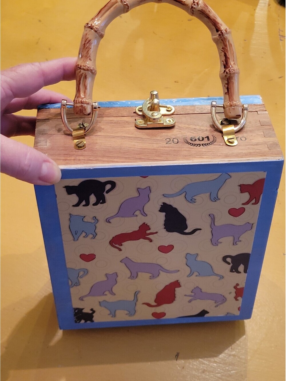 Cat Themed handmade wood Habana 601 cigar box purse handbag Unique Piece